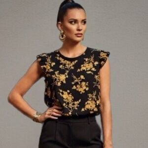 SHEIN Black and Gold Floral Short Sleeve Top
